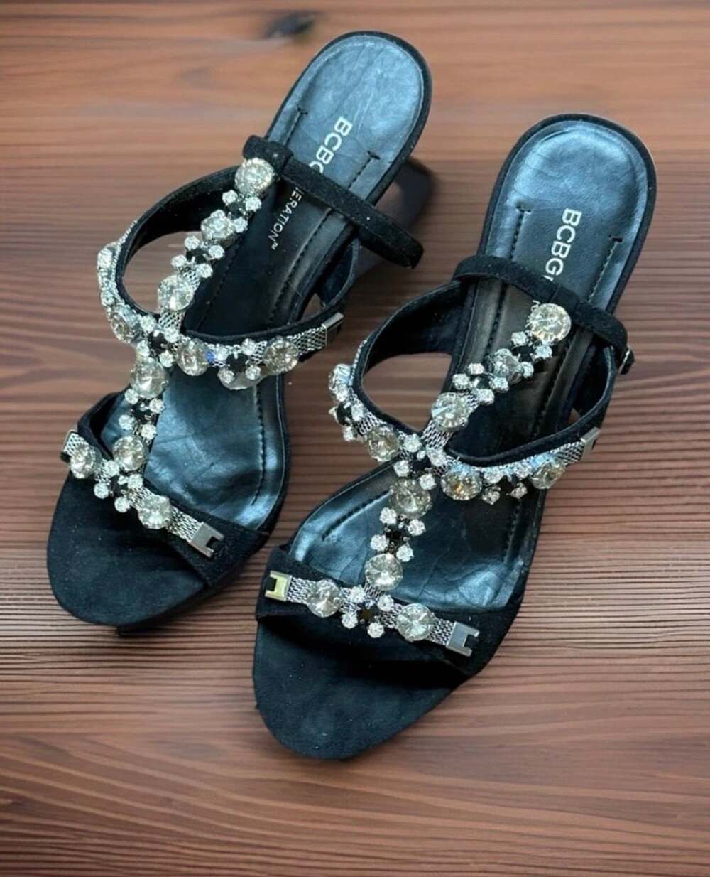 BCBGeneration Libbie Size 8B/38 Black Suede Rhinestone Stiletto Sandals